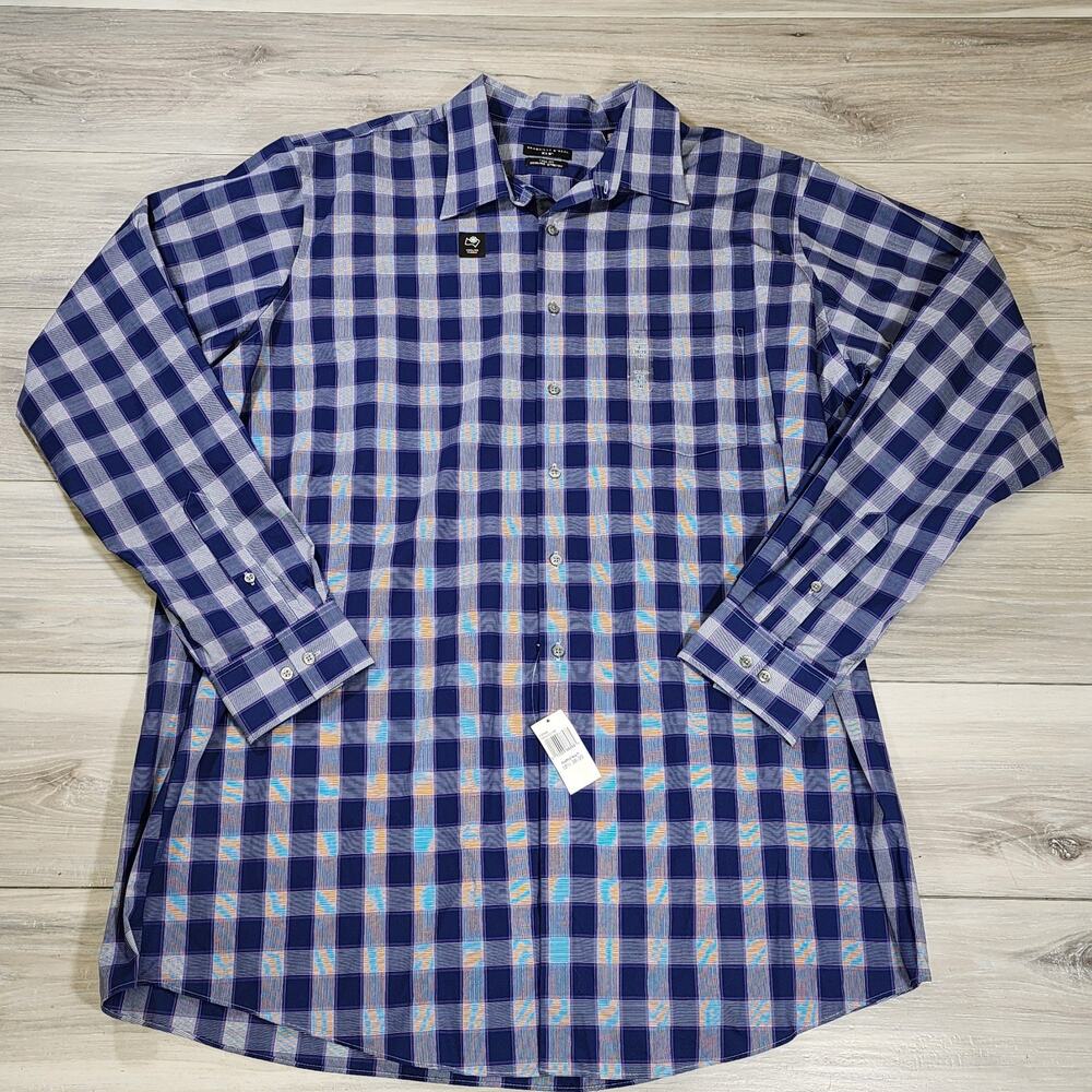 Shaquille O'Neal Shirt Men's 18 1/2 38 Purpl Plaid Button Up Long Sleeve Stretch